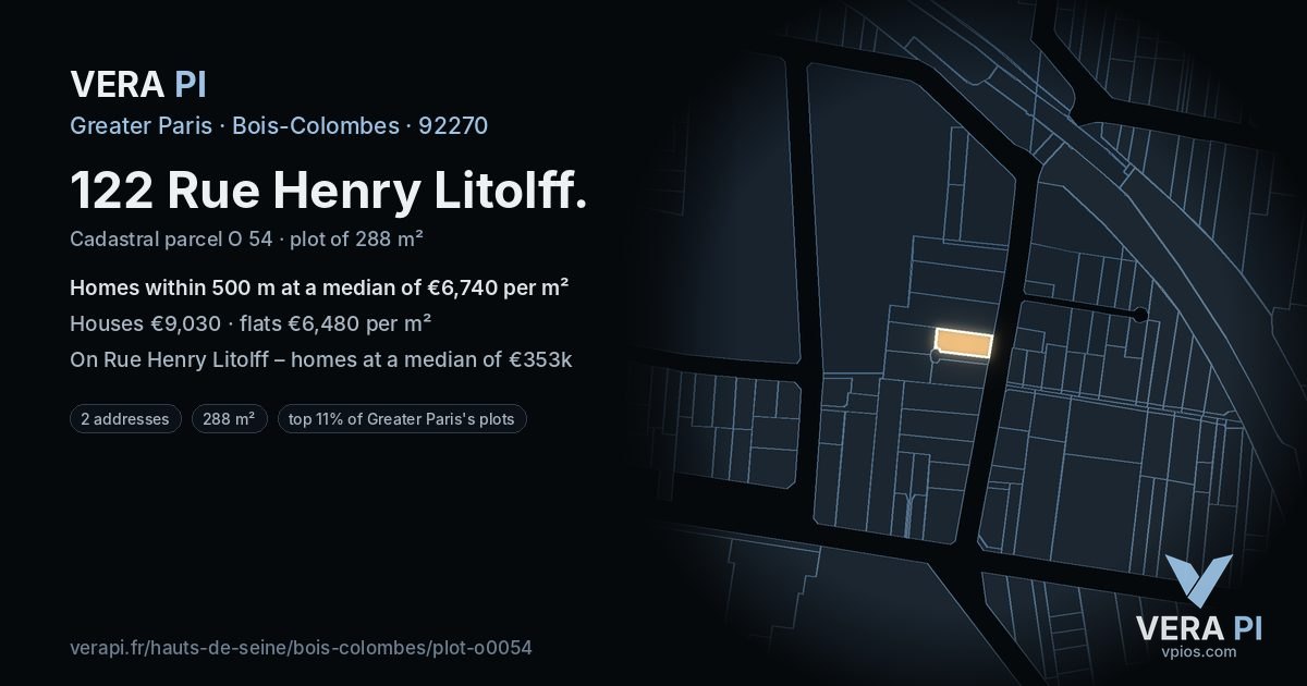 122 Rue Henry Litolff, Bois-Colombes at night – the plot lit, the parcels around coloured by the prices near them