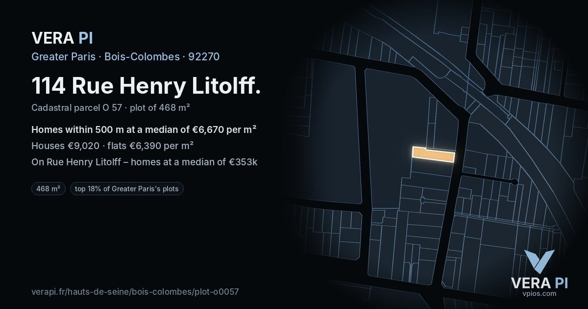114 Rue Henry Litolff, Bois-Colombes at night – the plot lit, the parcels around coloured by the prices near them
