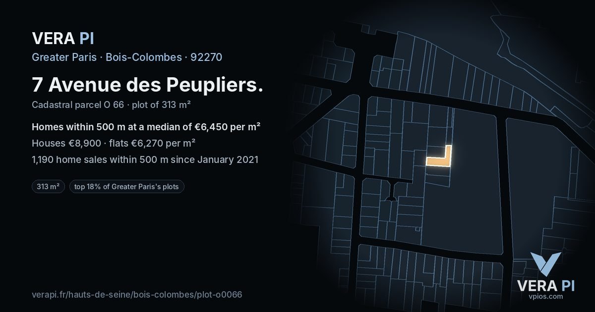 7 Avenue des Peupliers, Bois-Colombes at night – the plot lit, the parcels around coloured by the prices near them