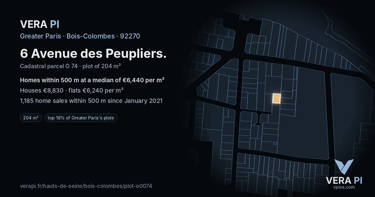 6 Avenue des Peupliers, Bois-Colombes at night – the plot lit, the parcels around coloured by the prices near them