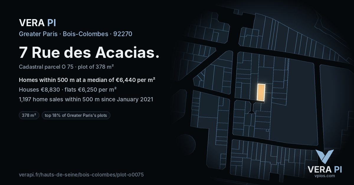 7 Rue des Acacias, Bois-Colombes at night – the plot lit, the parcels around coloured by the prices near them
