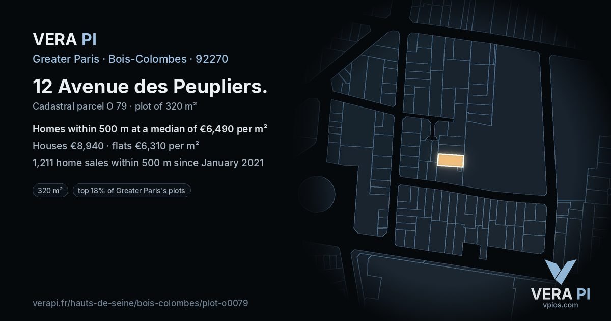 12 Avenue des Peupliers, Bois-Colombes at night – the plot lit, the parcels around coloured by the prices near them