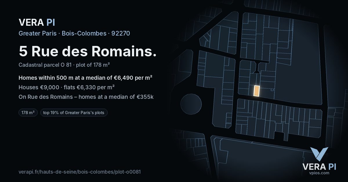 5 Rue des Romains, Bois-Colombes at night – the plot lit, the parcels around coloured by the prices near them