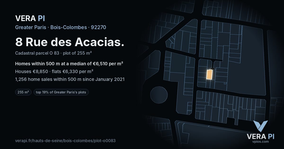8 Rue des Acacias, Bois-Colombes at night – the plot lit, the parcels around coloured by the prices near them