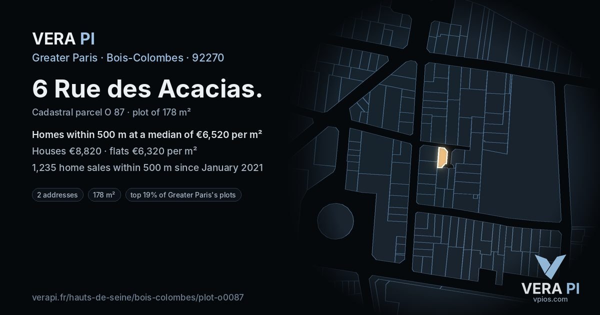6 Rue des Acacias, Bois-Colombes at night – the plot lit, the parcels around coloured by the prices near them
