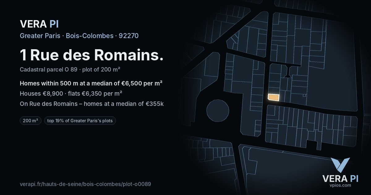 1 Rue des Romains, Bois-Colombes at night – the plot lit, the parcels around coloured by the prices near them