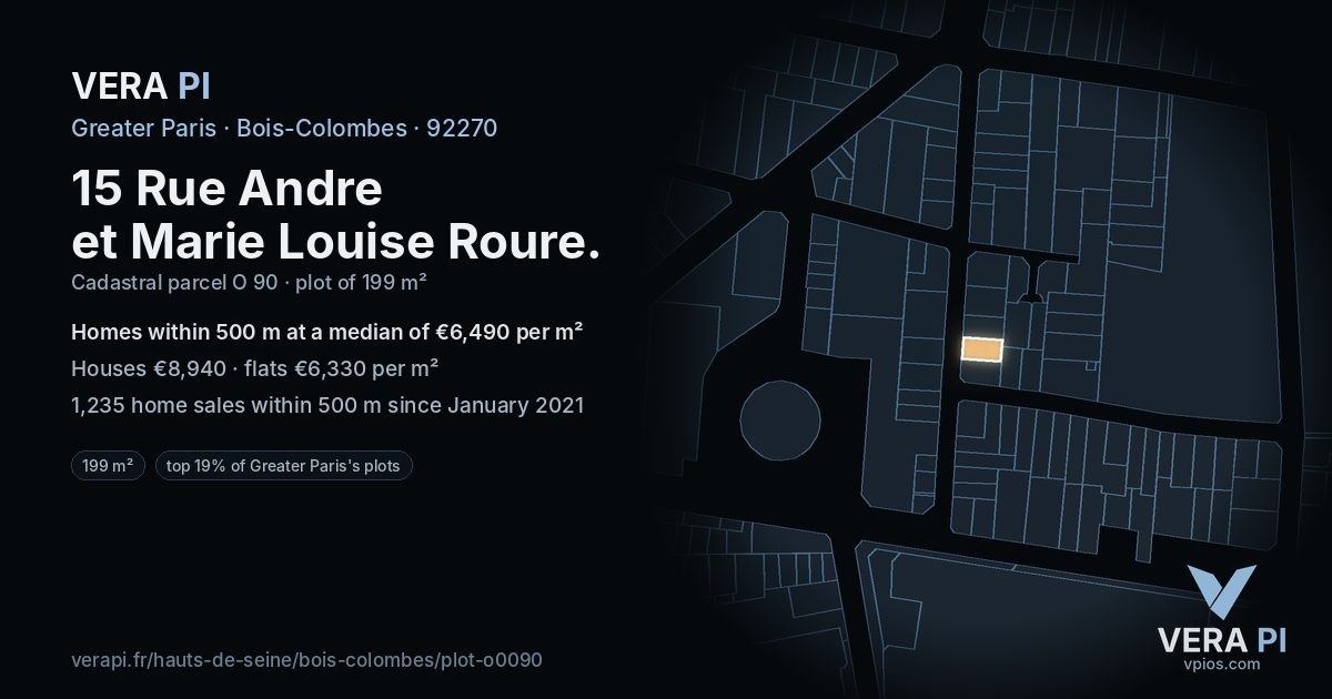 15 Rue Andre et Marie Louise Roure, Bois-Colombes at night – the plot lit, the parcels around coloured by the prices near them