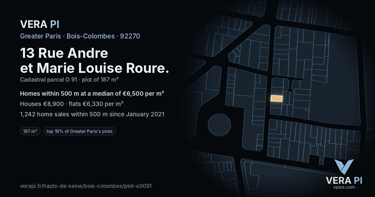 13 Rue Andre et Marie Louise Roure, Bois-Colombes at night – the plot lit, the parcels around coloured by the prices near them