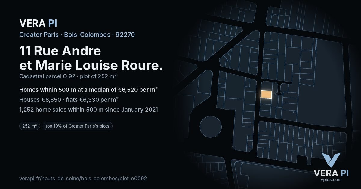11 Rue Andre et Marie Louise Roure, Bois-Colombes at night – the plot lit, the parcels around coloured by the prices near them