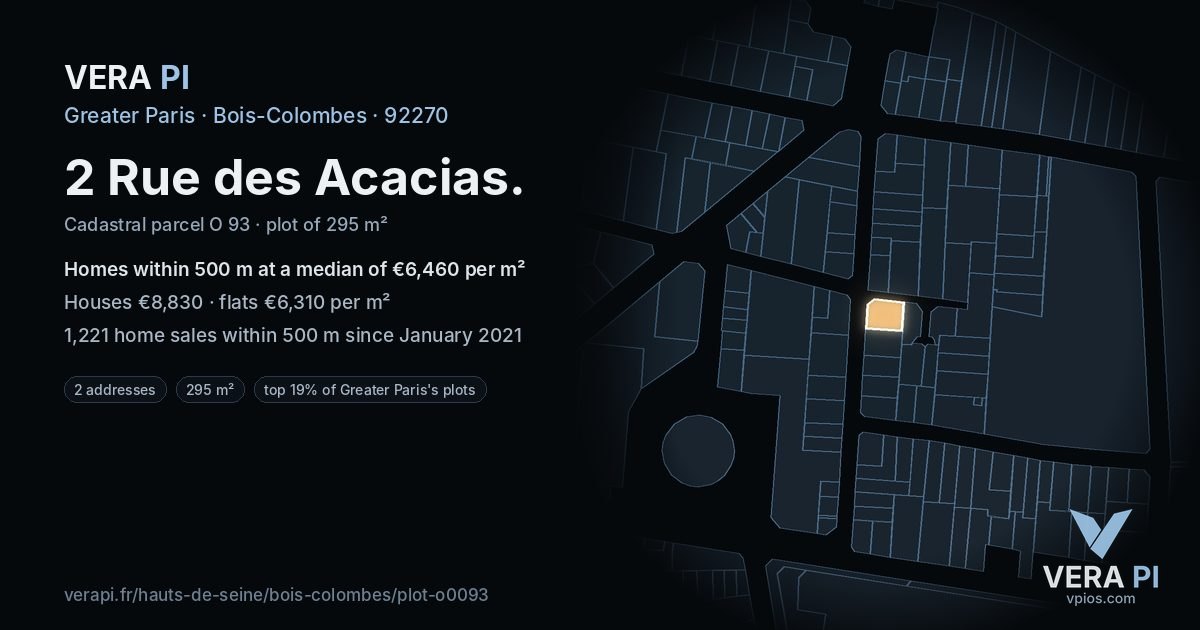 2 Rue des Acacias, Bois-Colombes at night – the plot lit, the parcels around coloured by the prices near them