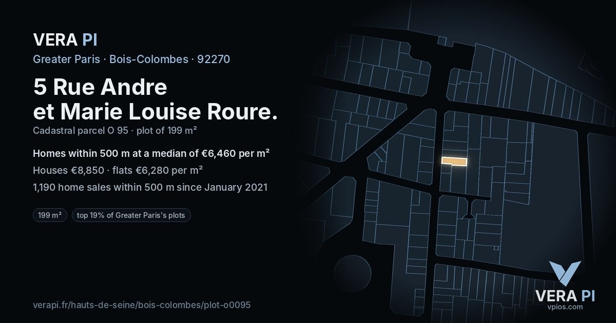 5 Rue Andre et Marie Louise Roure, Bois-Colombes at night – the plot lit, the parcels around coloured by the prices near them