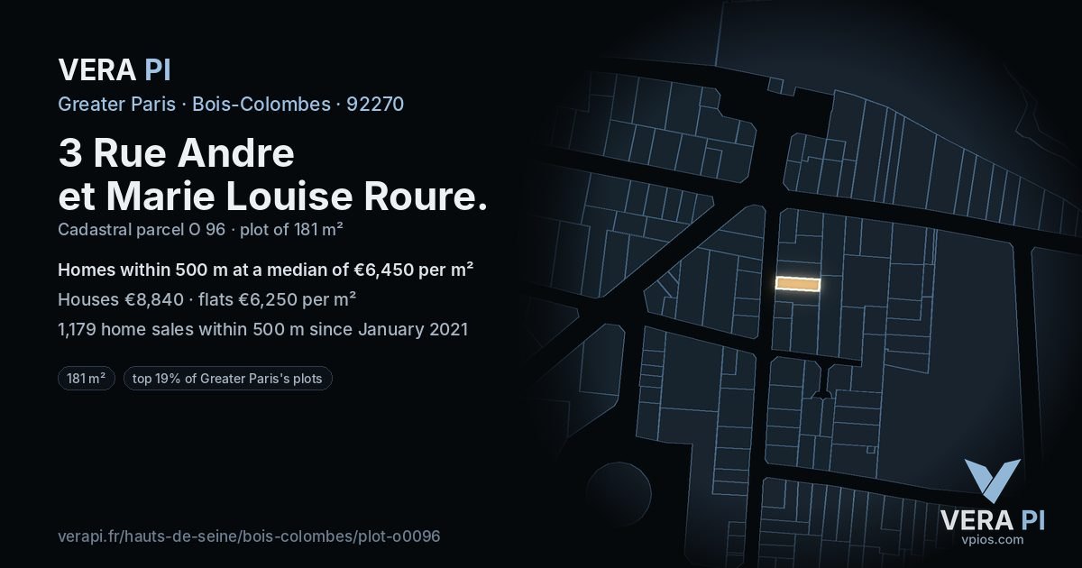 3 Rue Andre et Marie Louise Roure, Bois-Colombes at night – the plot lit, the parcels around coloured by the prices near them