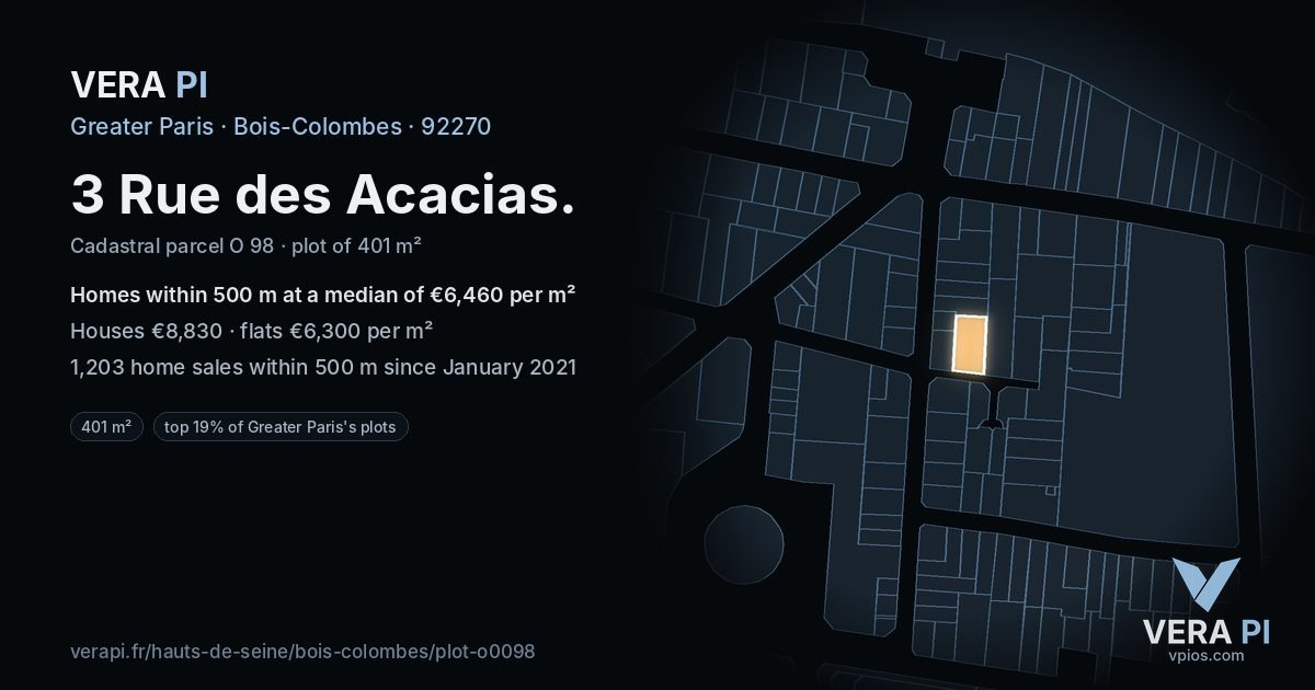 3 Rue des Acacias, Bois-Colombes at night – the plot lit, the parcels around coloured by the prices near them