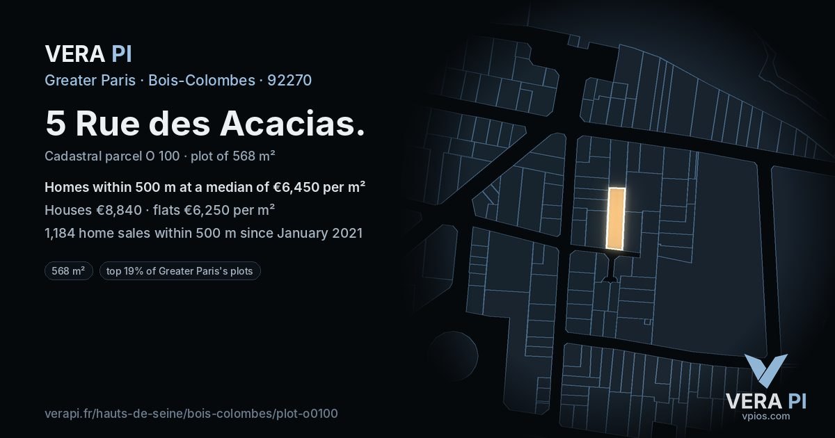5 Rue des Acacias, Bois-Colombes at night – the plot lit, the parcels around coloured by the prices near them