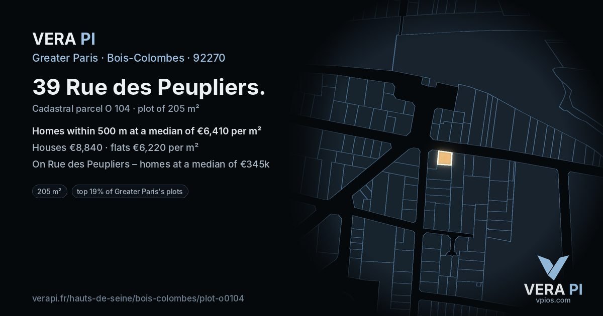 39 Rue des Peupliers, Bois-Colombes at night – the plot lit, the parcels around coloured by the prices near them