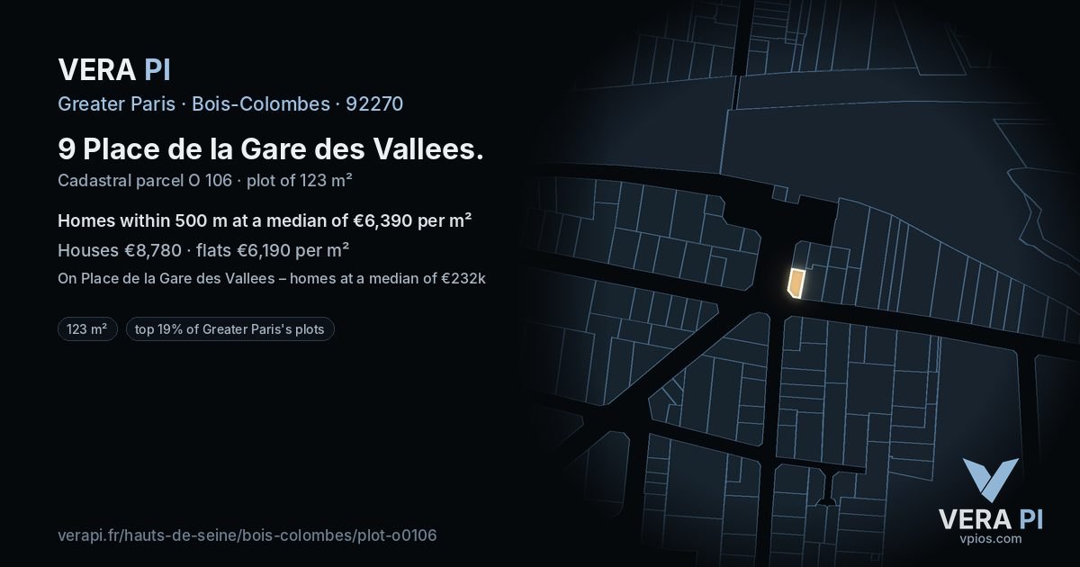 9 Place de la Gare des Vallees, Bois-Colombes at night – the plot lit, the parcels around coloured by the prices near them