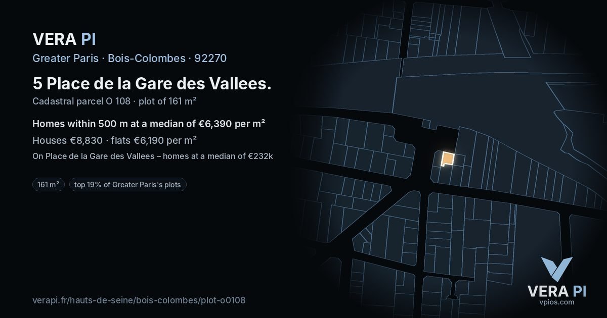 5 Place de la Gare des Vallees, Bois-Colombes at night – the plot lit, the parcels around coloured by the prices near them
