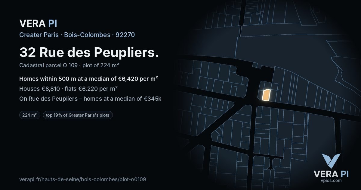 32 Rue des Peupliers, Bois-Colombes at night – the plot lit, the parcels around coloured by the prices near them