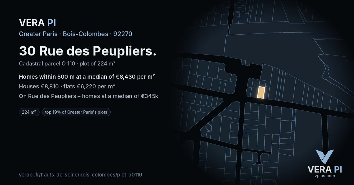 30 Rue des Peupliers, Bois-Colombes at night – the plot lit, the parcels around coloured by the prices near them