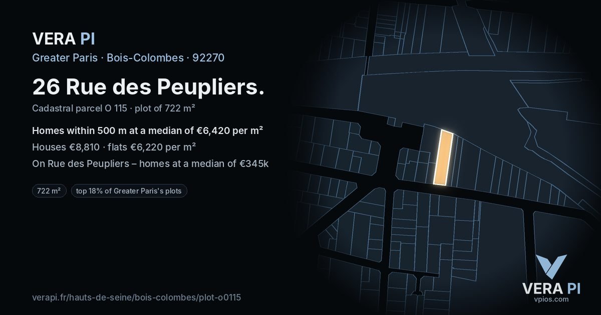 26 Rue des Peupliers, Bois-Colombes at night – the plot lit, the parcels around coloured by the prices near them