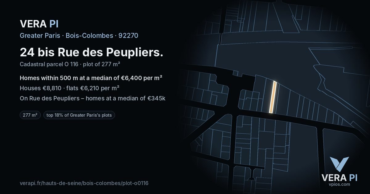 24 bis Rue des Peupliers, Bois-Colombes at night – the plot lit, the parcels around coloured by the prices near them
