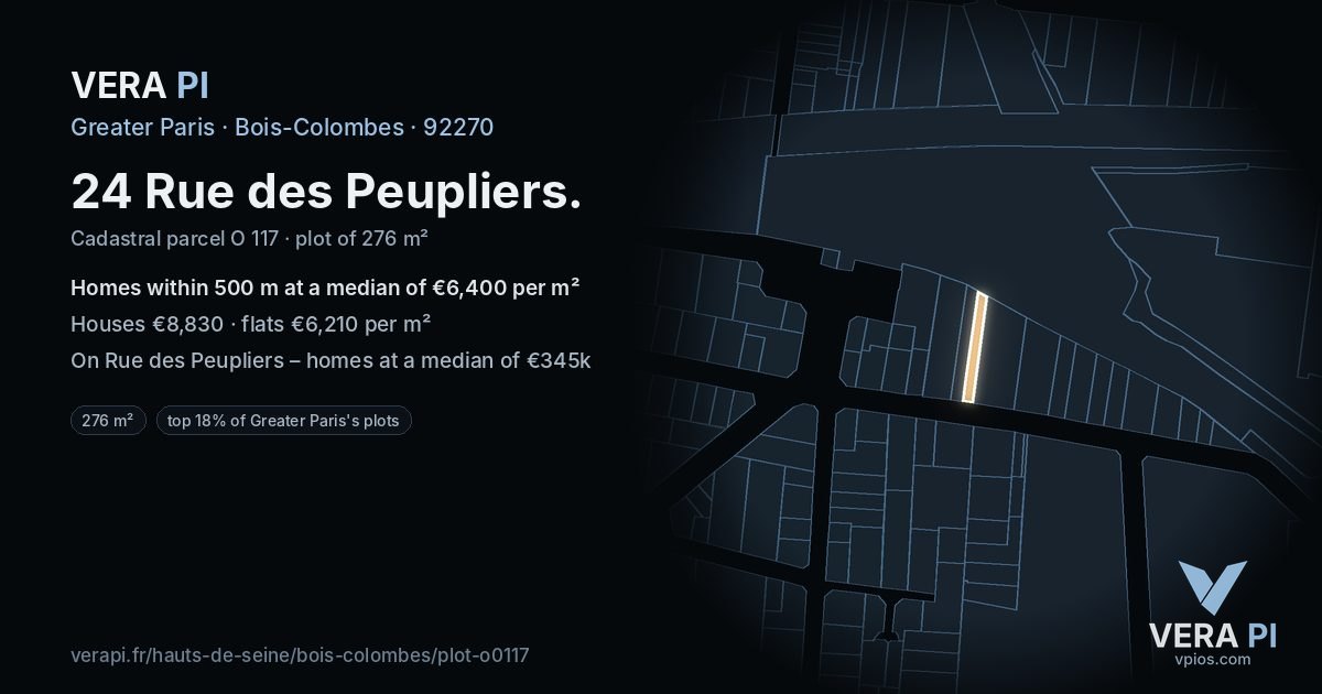 24 Rue des Peupliers, Bois-Colombes at night – the plot lit, the parcels around coloured by the prices near them
