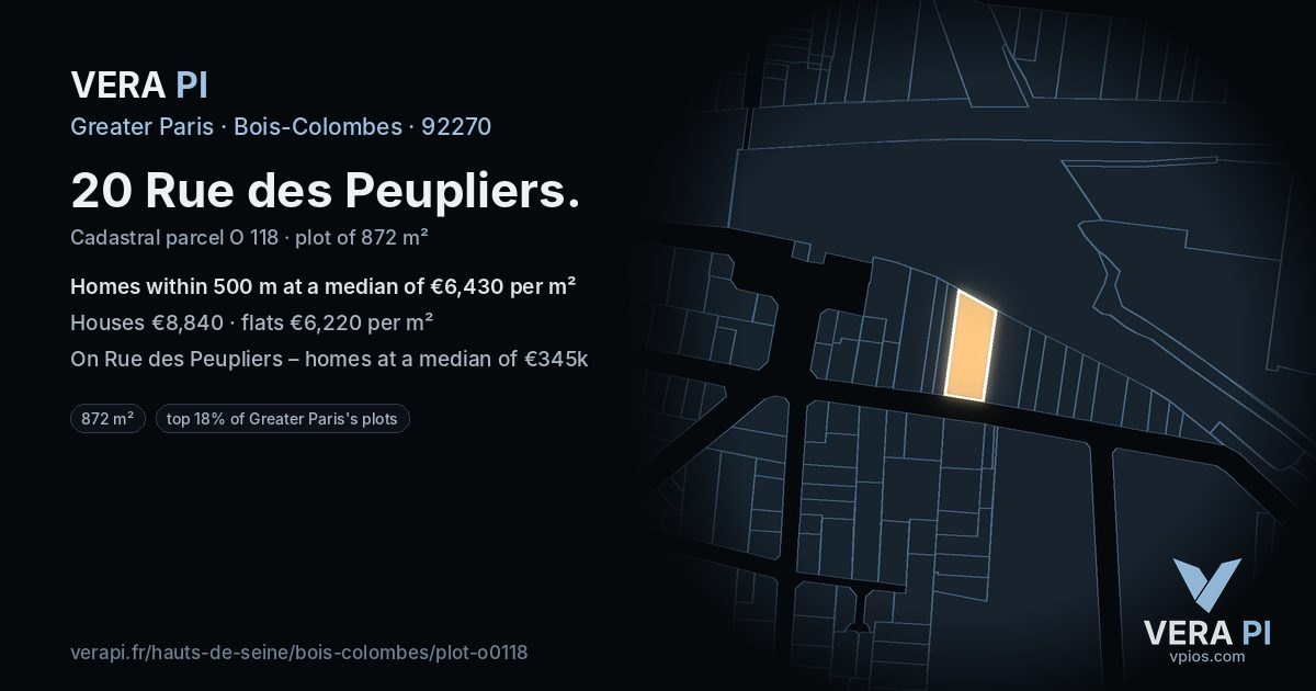 20 Rue des Peupliers, Bois-Colombes at night – the plot lit, the parcels around coloured by the prices near them