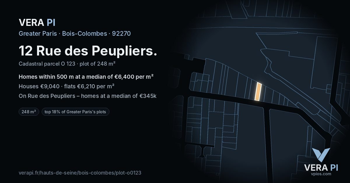 12 Rue des Peupliers, Bois-Colombes at night – the plot lit, the parcels around coloured by the prices near them
