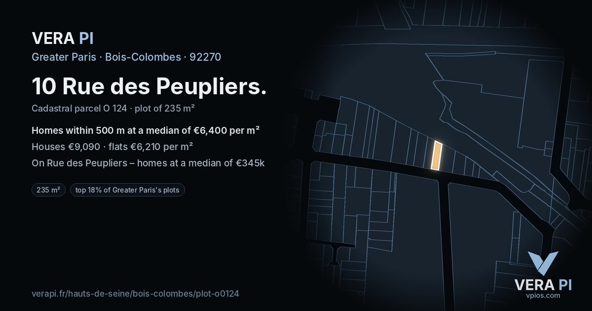 10 Rue des Peupliers, Bois-Colombes at night – the plot lit, the parcels around coloured by the prices near them