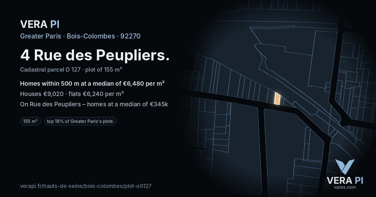 4 Rue des Peupliers, Bois-Colombes at night – the plot lit, the parcels around coloured by the prices near them