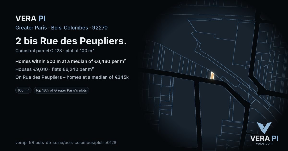2 bis Rue des Peupliers, Bois-Colombes at night – the plot lit, the parcels around coloured by the prices near them