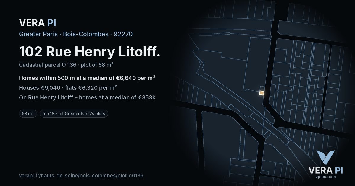 102 Rue Henry Litolff, Bois-Colombes at night – the plot lit, the parcels around coloured by the prices near them