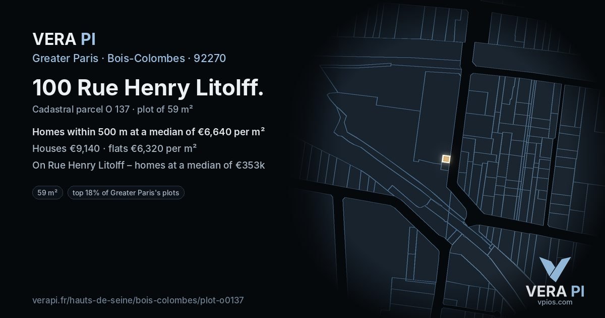 100 Rue Henry Litolff, Bois-Colombes at night – the plot lit, the parcels around coloured by the prices near them