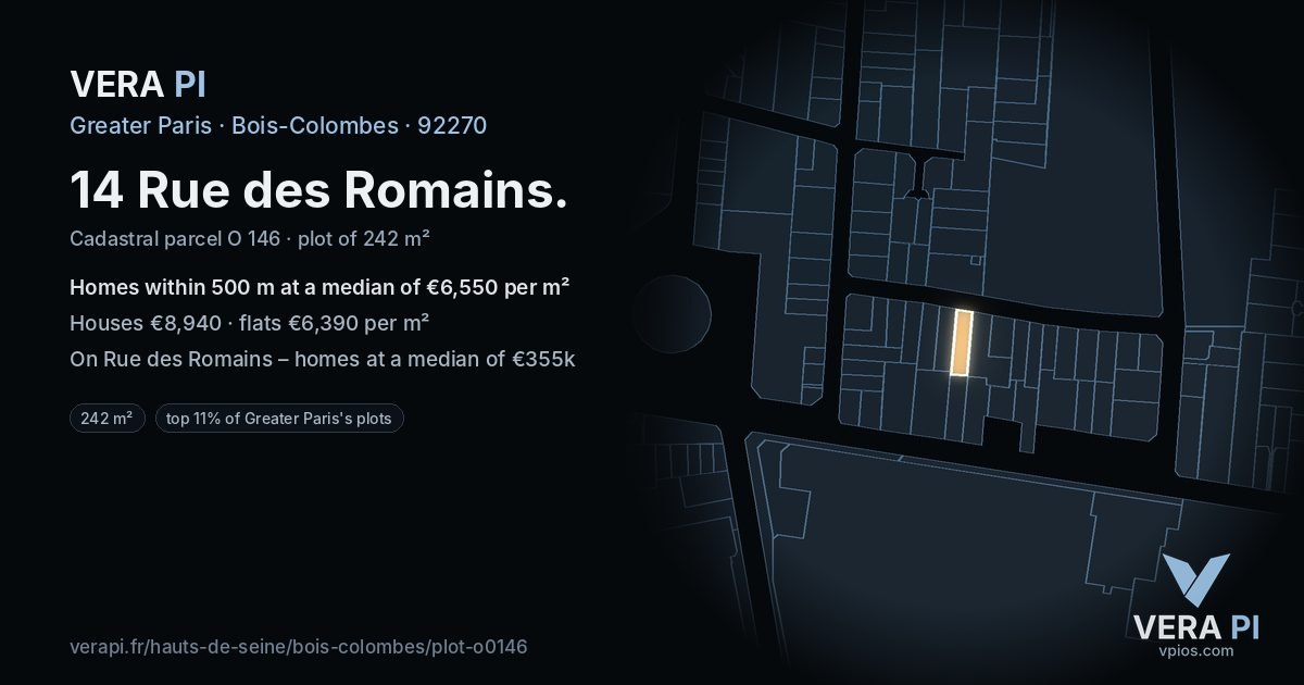 14 Rue des Romains, Bois-Colombes at night – the plot lit, the parcels around coloured by the prices near them
