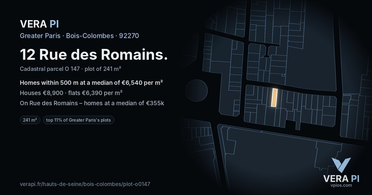 12 Rue des Romains, Bois-Colombes at night – the plot lit, the parcels around coloured by the prices near them