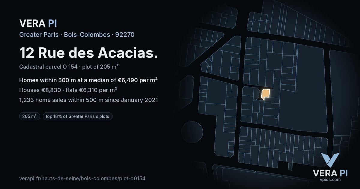 12 Rue des Acacias, Bois-Colombes at night – the plot lit, the parcels around coloured by the prices near them
