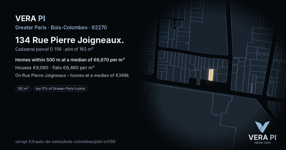 134 Rue Pierre Joigneaux, Bois-Colombes at night – the plot lit, the parcels around coloured by the prices near them