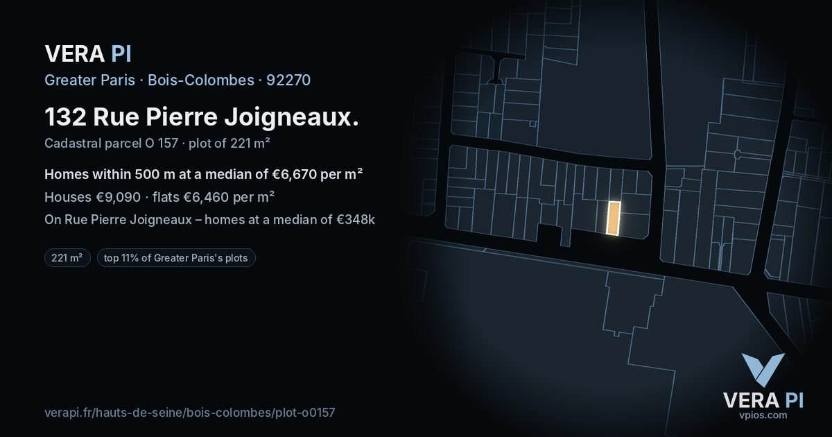 132 Rue Pierre Joigneaux, Bois-Colombes at night – the plot lit, the parcels around coloured by the prices near them