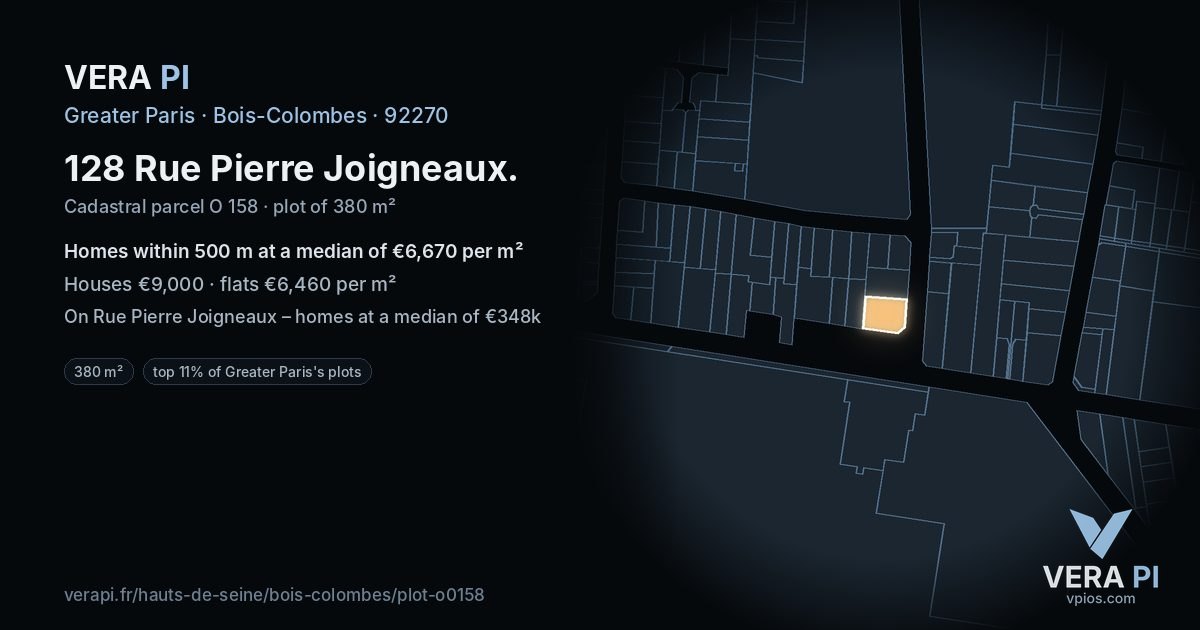 128 Rue Pierre Joigneaux, Bois-Colombes at night – the plot lit, the parcels around coloured by the prices near them