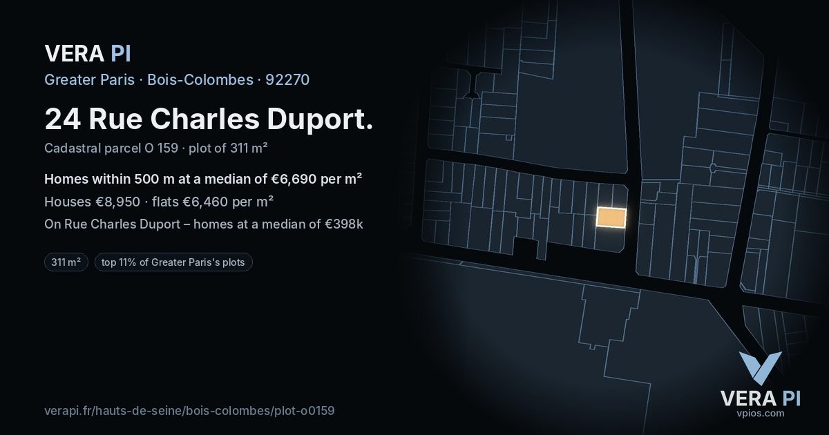 24 Rue Charles Duport, Bois-Colombes at night – the plot lit, the parcels around coloured by the prices near them