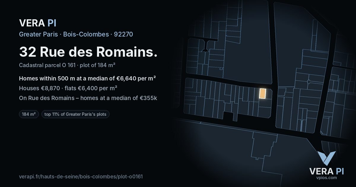 32 Rue des Romains, Bois-Colombes at night – the plot lit, the parcels around coloured by the prices near them