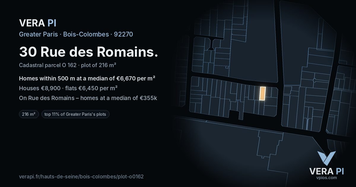 30 Rue des Romains, Bois-Colombes at night – the plot lit, the parcels around coloured by the prices near them