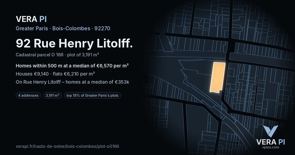 92 Rue Henry Litolff, Bois-Colombes at night – the plot lit, the parcels around coloured by the prices near them