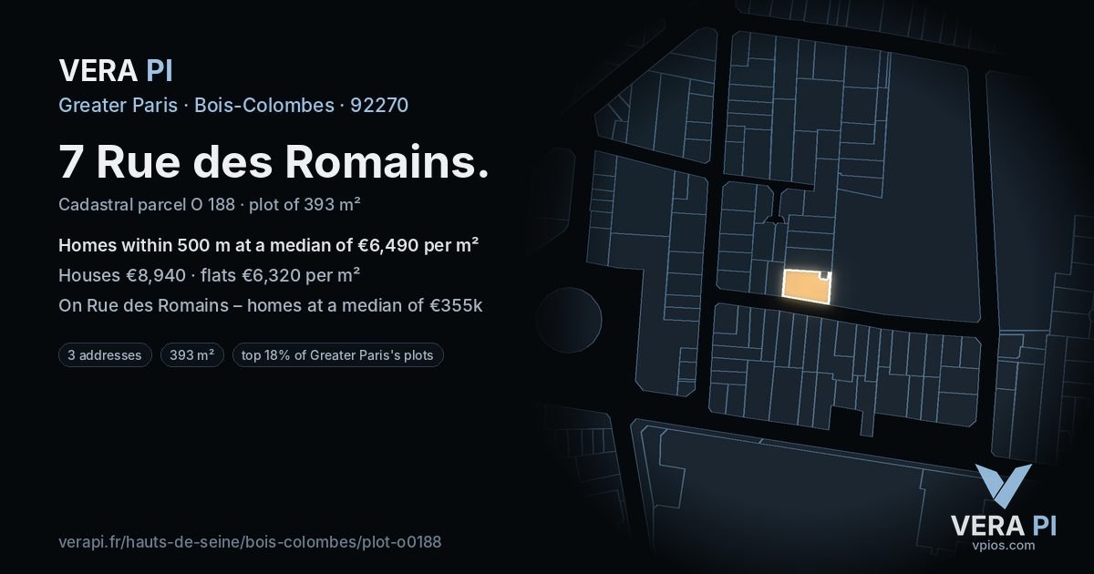 7 Rue des Romains, Bois-Colombes at night – the plot lit, the parcels around coloured by the prices near them