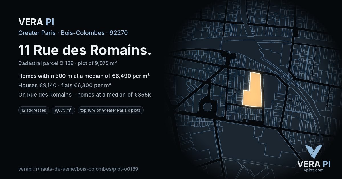 11 Rue des Romains, Bois-Colombes at night – the plot lit, the parcels around coloured by the prices near them