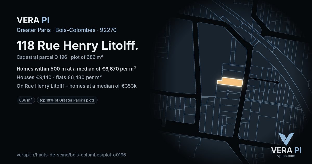 118 Rue Henry Litolff, Bois-Colombes at night – the plot lit, the parcels around coloured by the prices near them