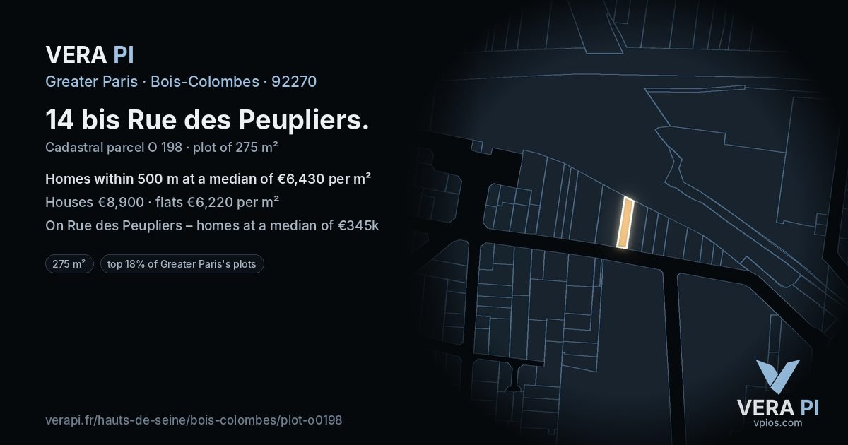 14 bis Rue des Peupliers, Bois-Colombes at night – the plot lit, the parcels around coloured by the prices near them