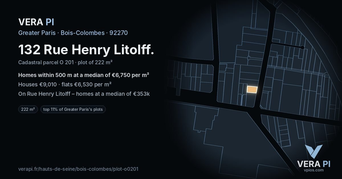 132 Rue Henry Litolff, Bois-Colombes at night – the plot lit, the parcels around coloured by the prices near them