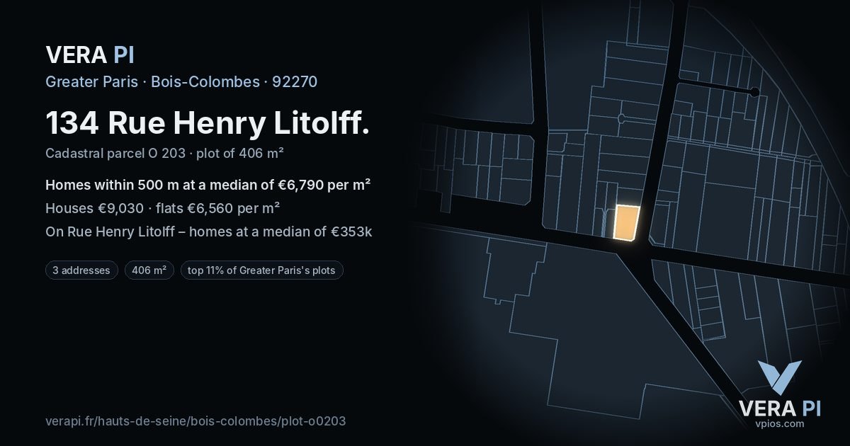 134 Rue Henry Litolff, Bois-Colombes at night – the plot lit, the parcels around coloured by the prices near them