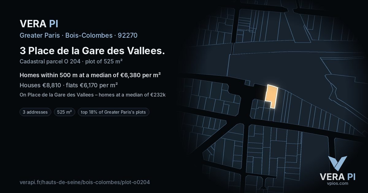 3 Place de la Gare des Vallees, Bois-Colombes at night – the plot lit, the parcels around coloured by the prices near them